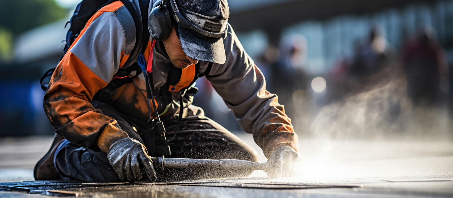 Concrete pavement progress by diligent worker